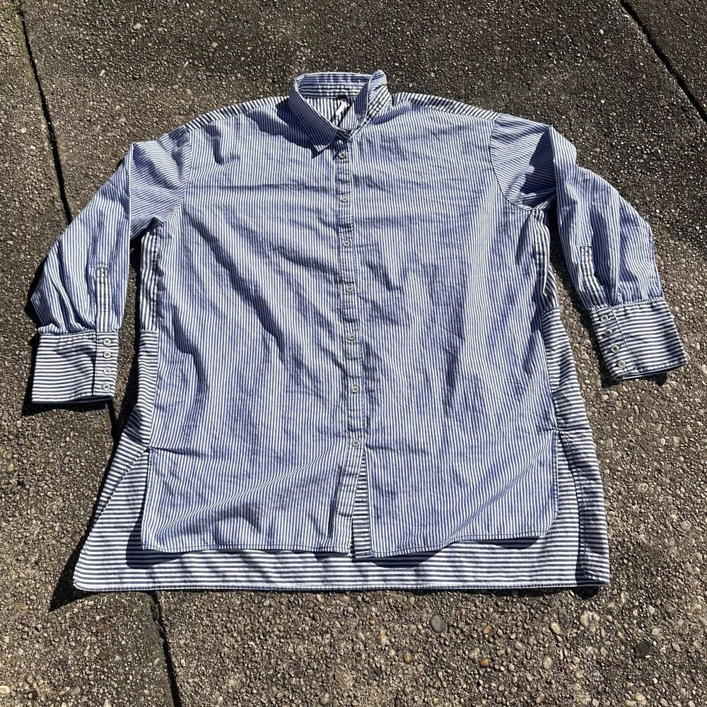 Free People Lakehouse Button Down Shirt Tunic Blue White Stripe Womens Large